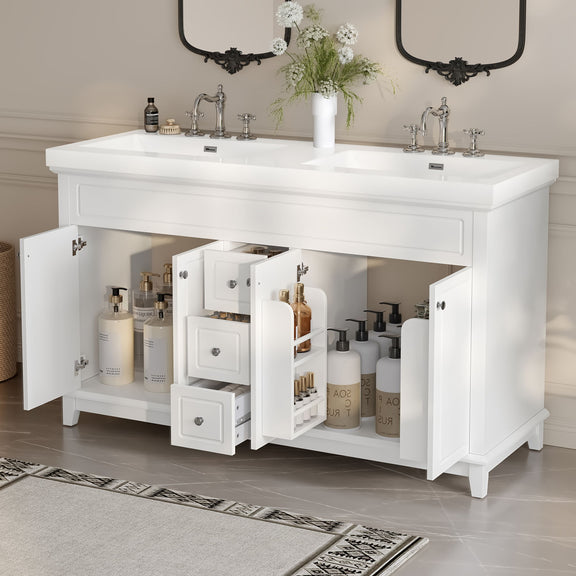 White double-sink bathroom vanity with 3 drawers and 4 doors, open shelving