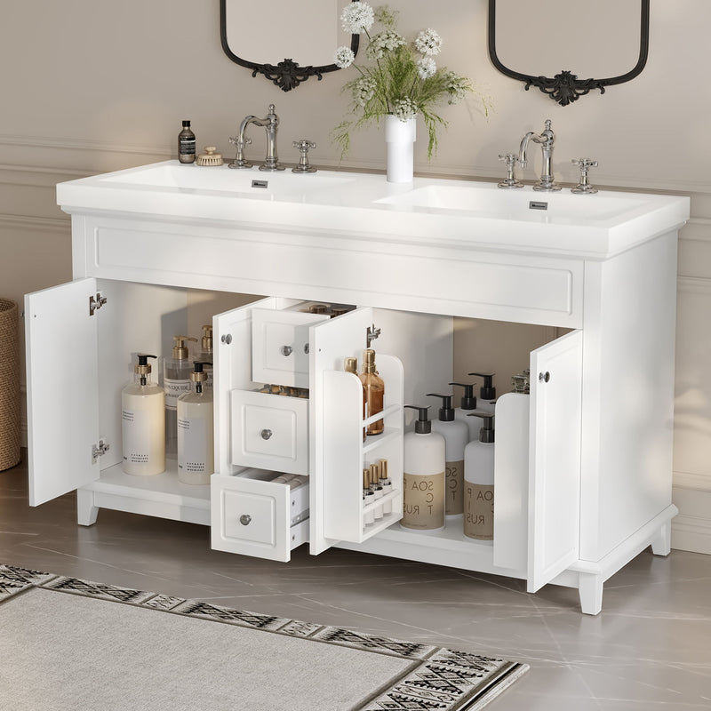 White double-sink bathroom vanity with 3 drawers and 4 doors, open shelving