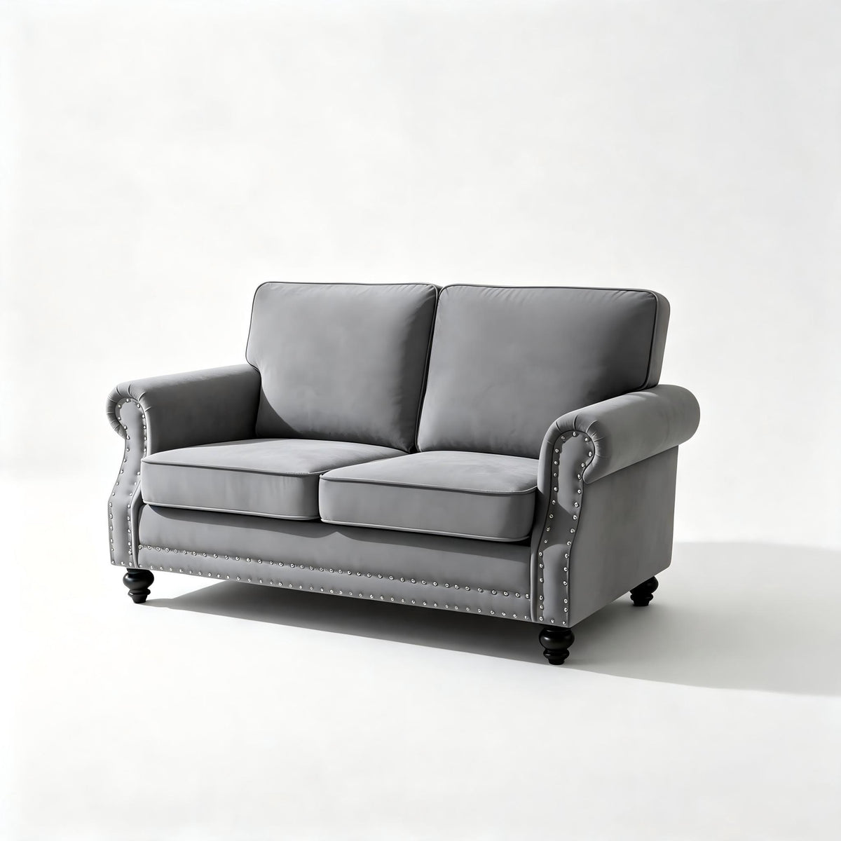 Dark gray 2-seat loveseat sofa with nailhead trim and turned legs, cushioned arms