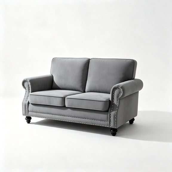 Dark gray 2-seat loveseat sofa with nailhead trim and turned legs, cushioned arms