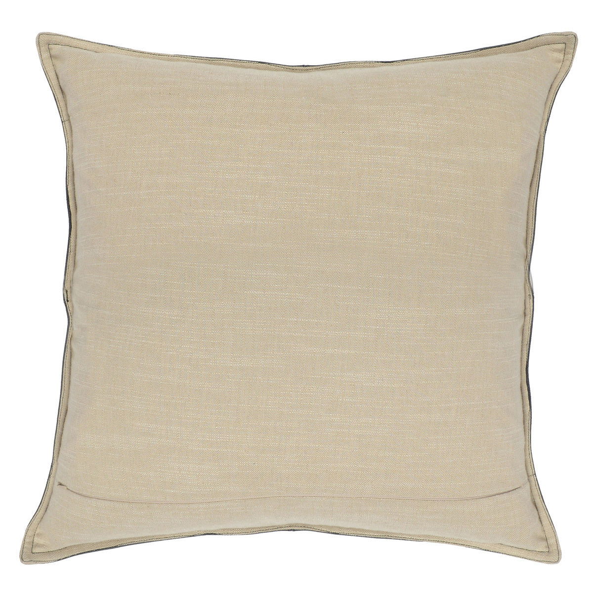 Light beige fabric square pillow with piped edges and subtle central seam.