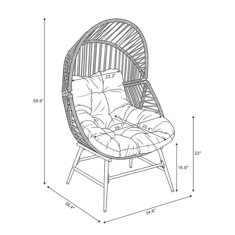 Rattan lounge chair technical drawing with beige cushion and size dimensions