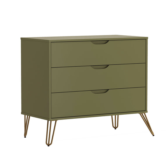 Olive green dresser with three drawers and tapered metal legs