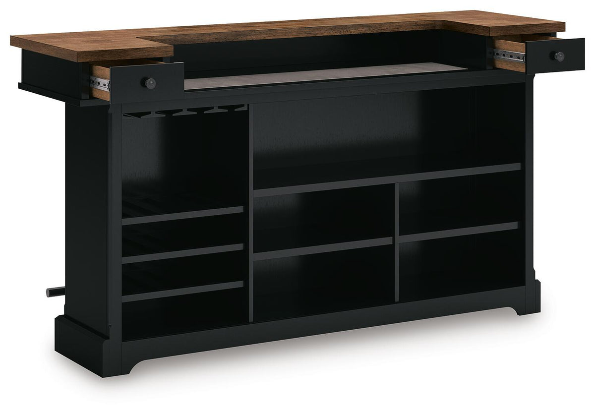 Black bar cabinet with brown wood top, open storage with shelves and cubby dividers