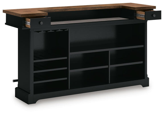Black bar cabinet with brown wood top, open storage with shelves and cubby dividers