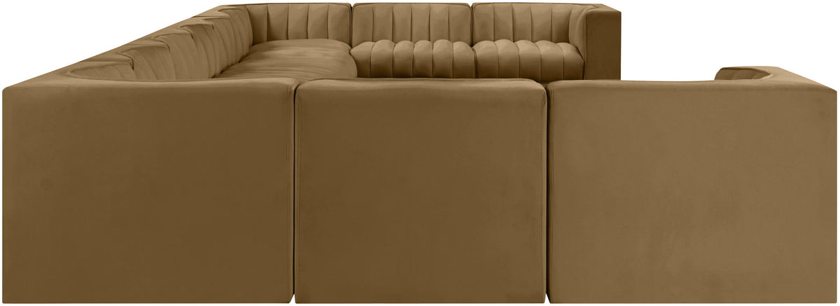 Velvet modular sectional sofa with tufted cushions, beige upholstery, corner arm sections