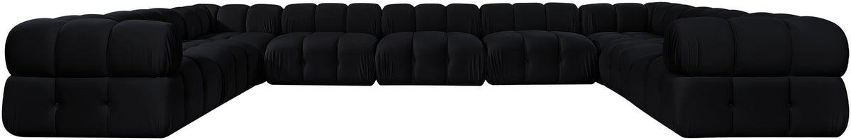 Black velvet performance sectional with tufted cushions and curved corner arms