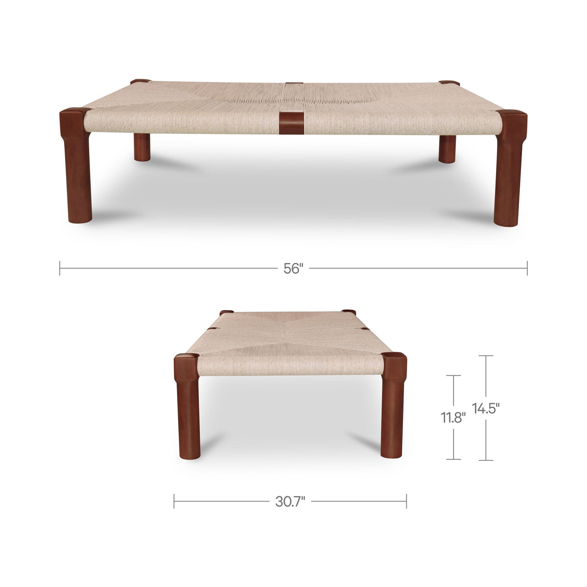Dark brown outdoor coffee table, beige fabric top; shown with size measurements