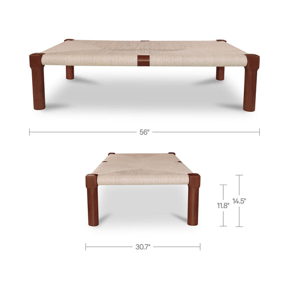 Dark brown outdoor coffee table, beige fabric top; shown with size measurements