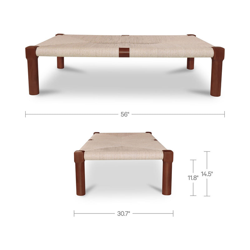 Dark brown outdoor coffee table, beige fabric top; shown with size measurements