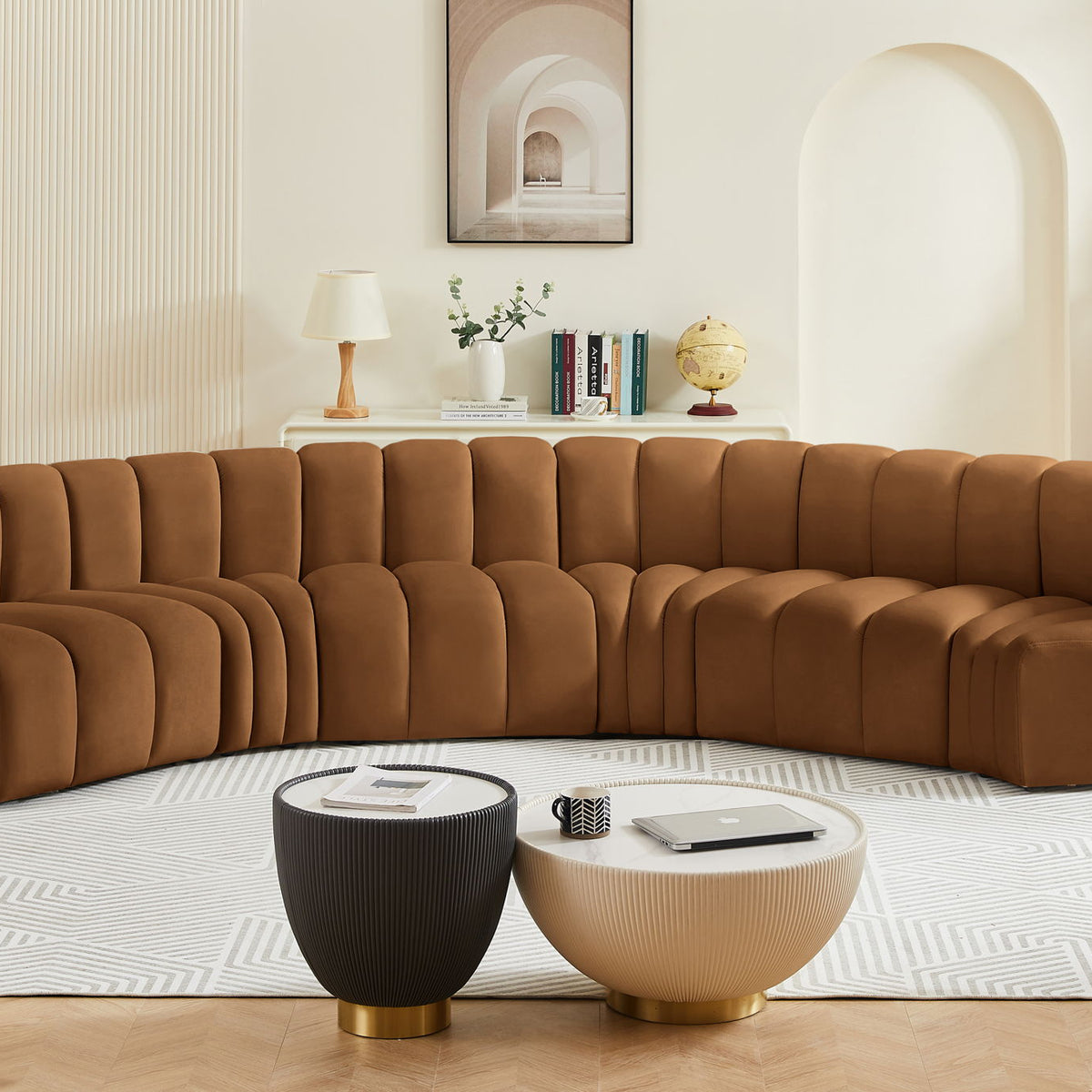 Arc - Velvet 6 Piece U-Shaped Modular Sofa - Saddle