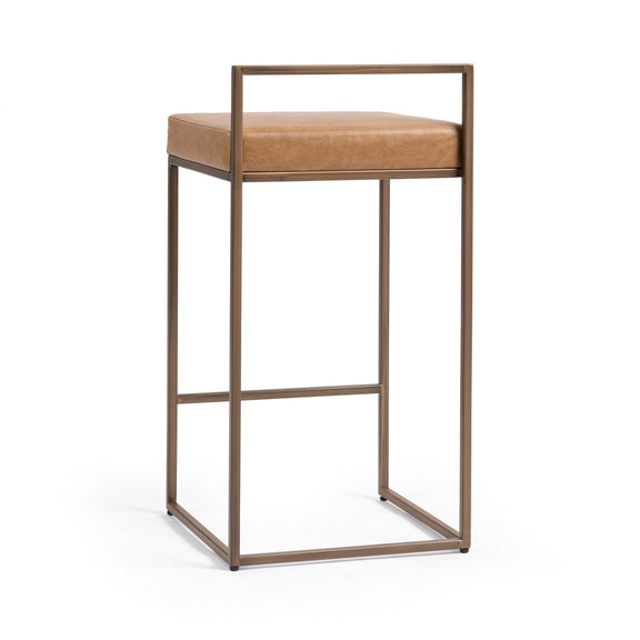 Chestnut counter stool with tan upholstered seat and open square metal frame