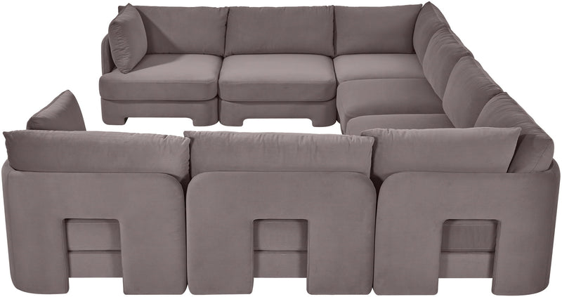 Gray velvet U-shaped sectional sofa with thick arms and square front panel accents
