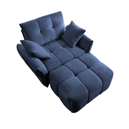 Single seater sofa with ottoman, blue fabric, padded backrest, two matching pillows