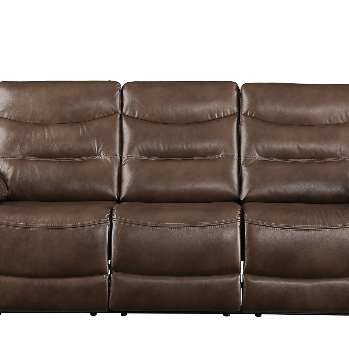 Brown leather recliner sofa, three-seat layout with padded headrests and decorative stud trim