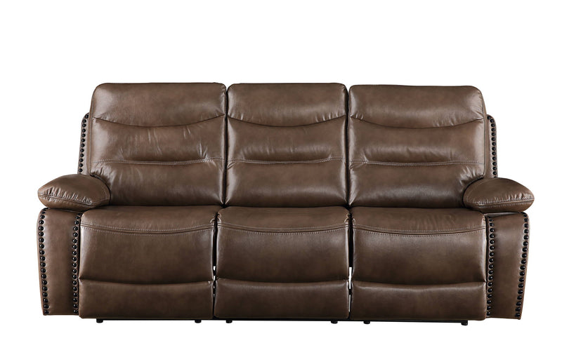 Brown leather recliner sofa, three-seat layout with padded headrests and decorative stud trim
