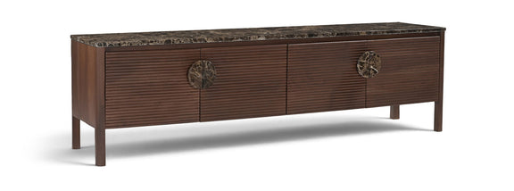 Varenna 69-inch media console with dark brown acacia wood and speckled marble top, 3 drawers