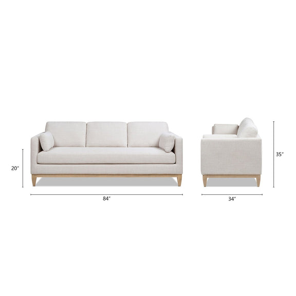 Beige fabric sofa with three back cushions; shows front and side profile with legs