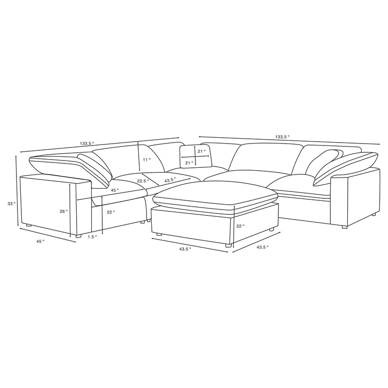 Modular sectional sofa layout diagram showing ottoman placement with measurements