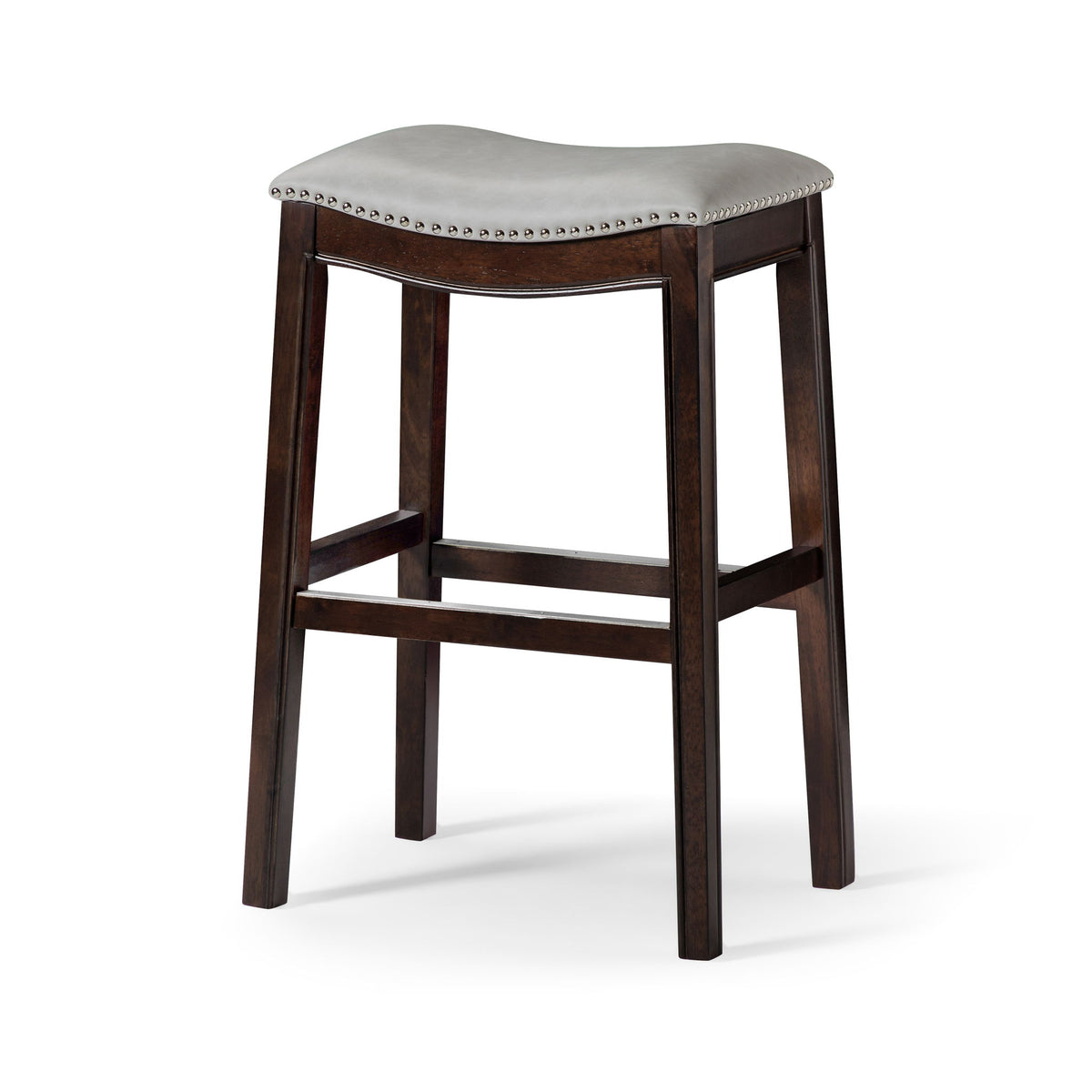 Upholstered stool with nailhead trim, light gray seat and dark brown wood legs