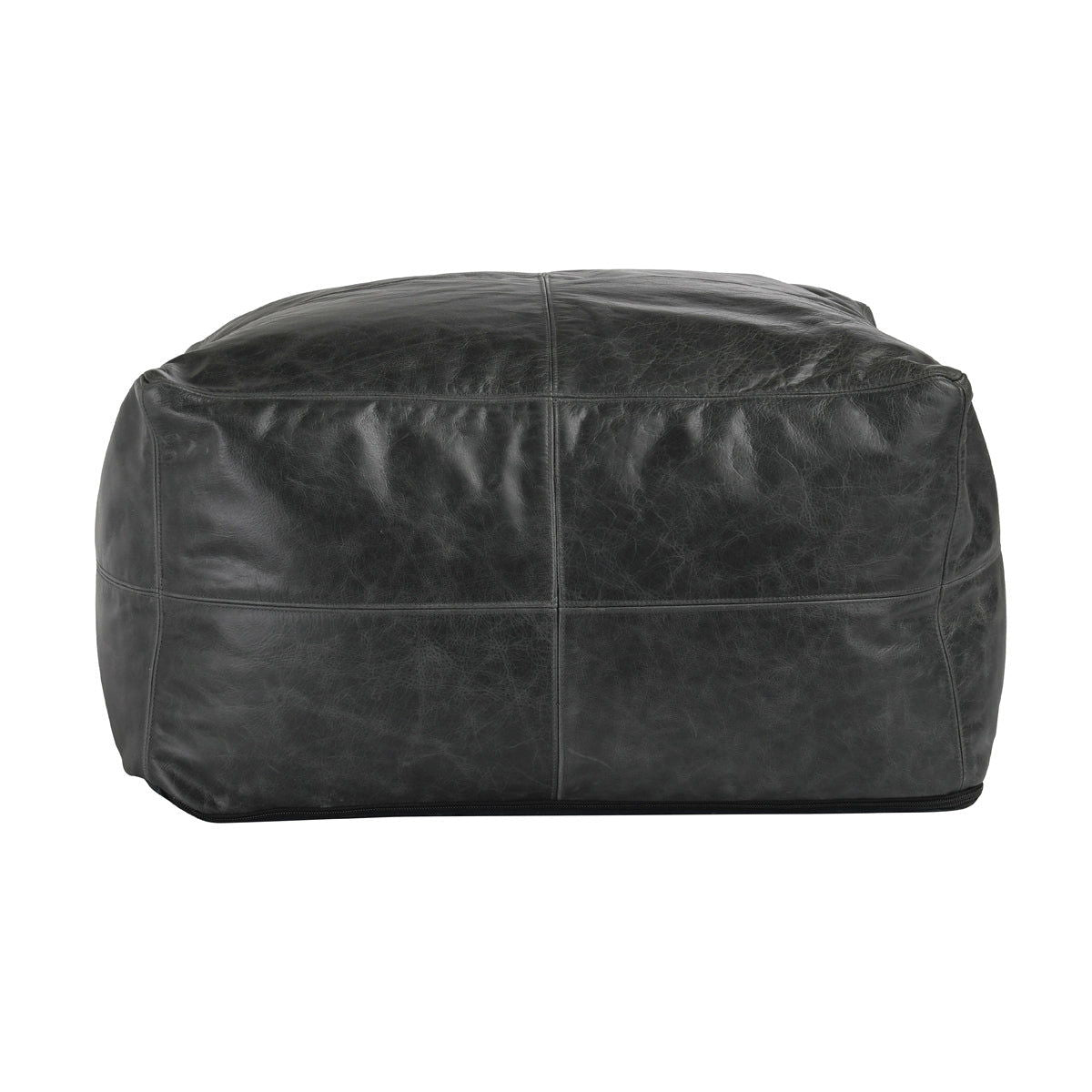 Onyx leather pouf ottoman with stitched top panels and side seam.