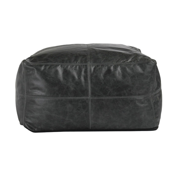 Onyx leather pouf ottoman with stitched top panels and side seam.