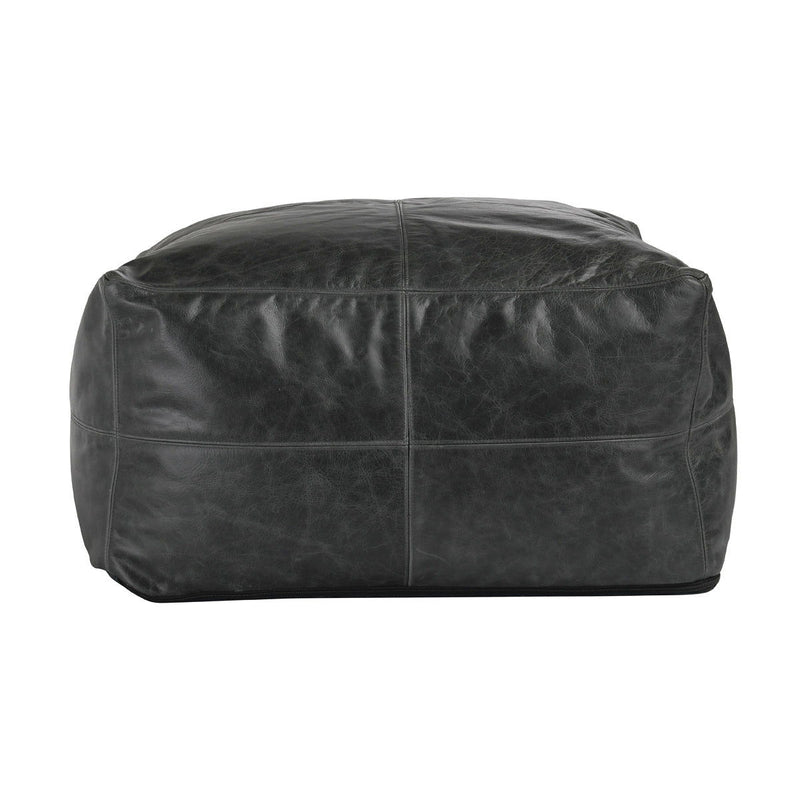 Onyx leather pouf ottoman with stitched top panels and side seam.