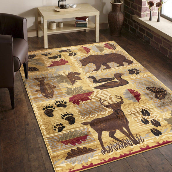 Beige lodge-style area rug with multiple wildlife figures and burgundy accents, flat weave