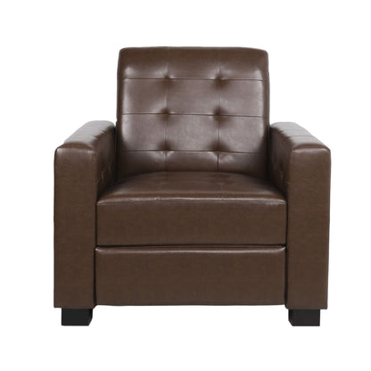 Dark brown tufted pushback recliner with broad arms and black feet