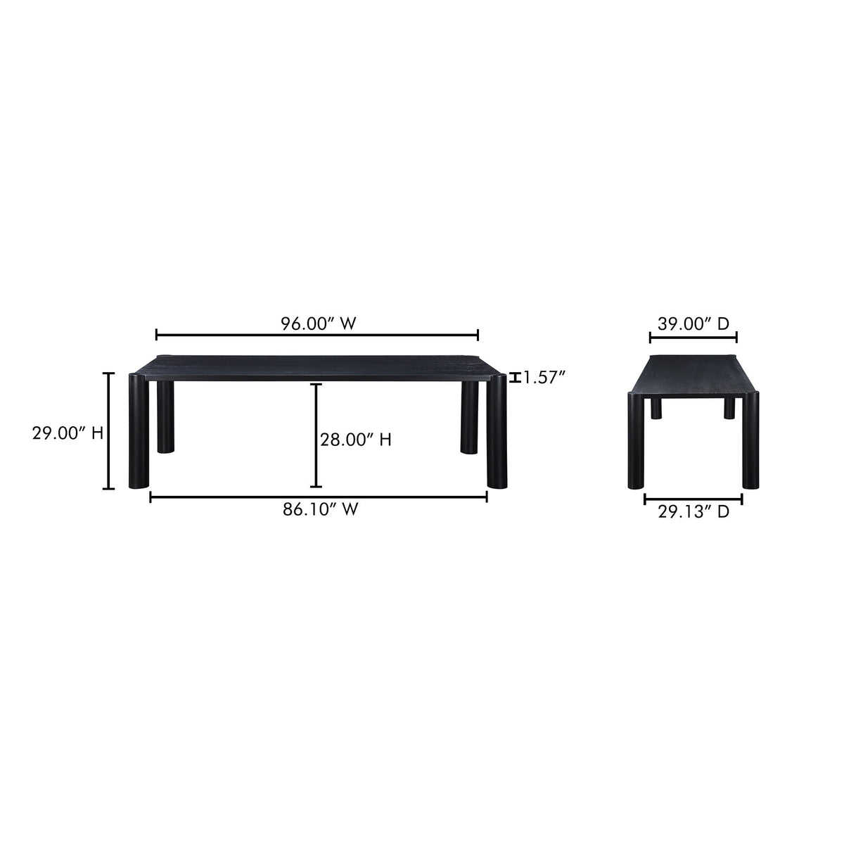 Dining table with labeled dimensions: 96 in W, 39 in D, 29 in H
