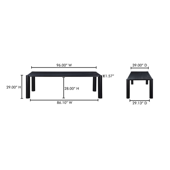 Dining table with labeled dimensions: 96 in W, 39 in D, 29 in H
