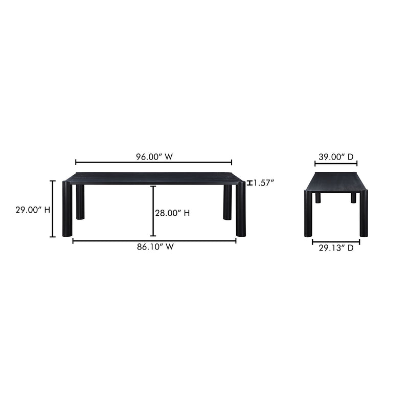 Dining table with labeled dimensions: 96 in W, 39 in D, 29 in H