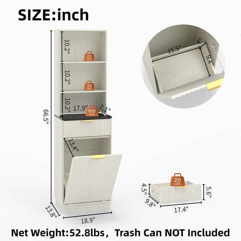White fluted storage cabinet with open lower bin door and dimension measurements