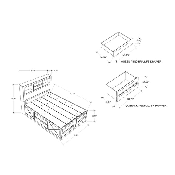 Queen bed frame storage drawer layout diagram with dimensions