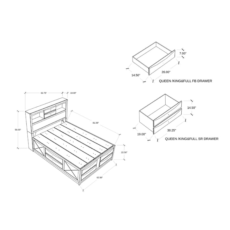 Queen bed frame storage drawer layout diagram with dimensions