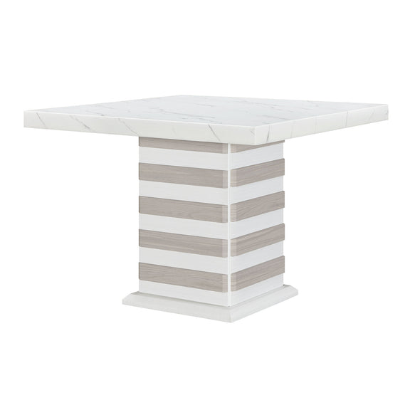 Donna white bar table with square marble-look top and striped leg pedestal