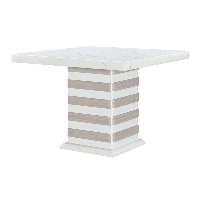 Donna white bar table with square marble-look top and striped leg pedestal