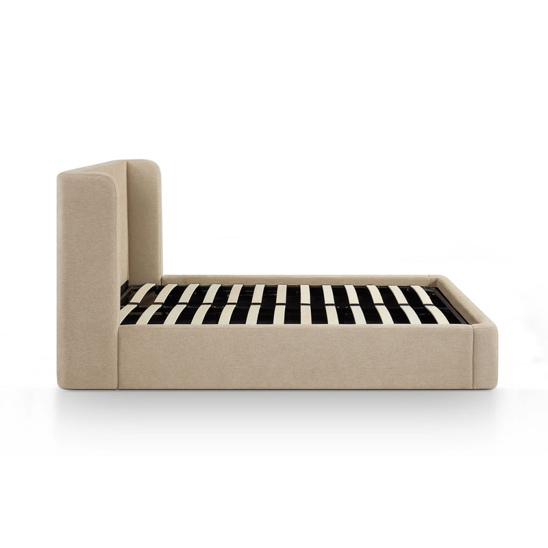 Upholstered platform bed with tall headboard, beige fabric frame and open slat mattress base