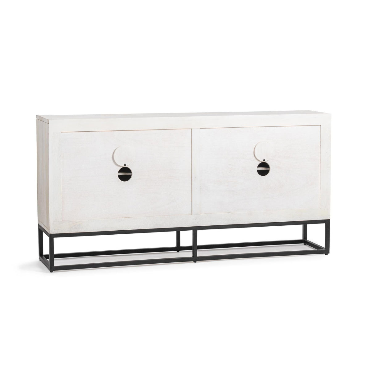 Flint sideboard, white wash with two front doors and round handles, black metal legs