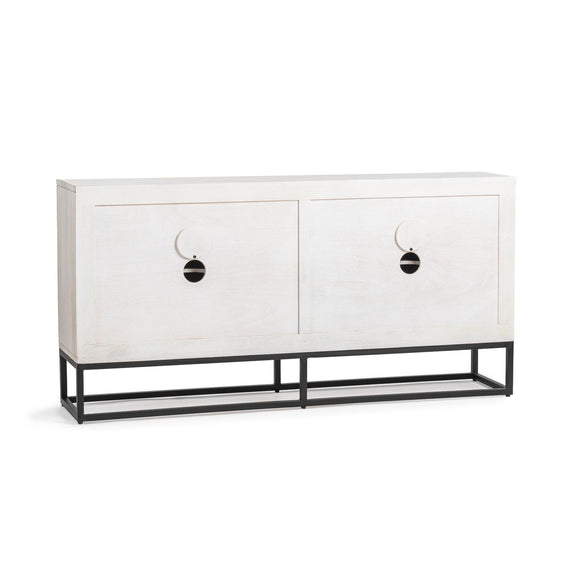 Flint sideboard, white wash with two front doors and round handles, black metal legs