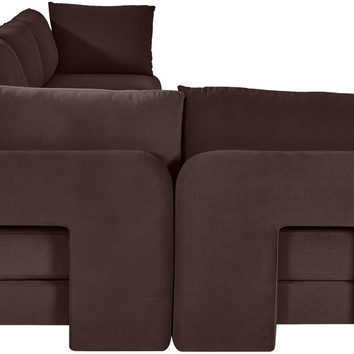 Dark brown velvet sectional sofa with chaise and two squared arm panels