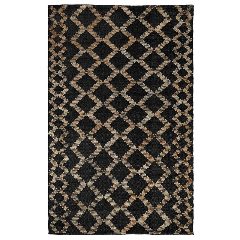 Rectangular geometric rug with black center and natural diamond lattice edging