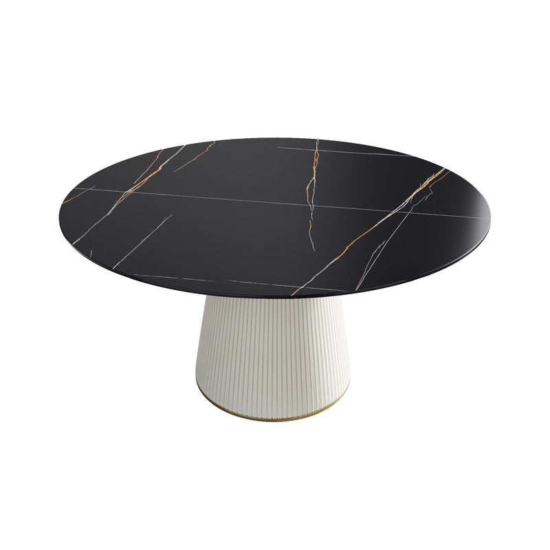 Modern Artificial Stone Round Plywood Base Dining Table, Can Accommodate 8 People, (Not Including Chairs) - Black / Beige