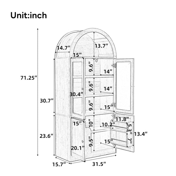 Tall arched-top cabinet size diagram with shelf layout and measurements in inches