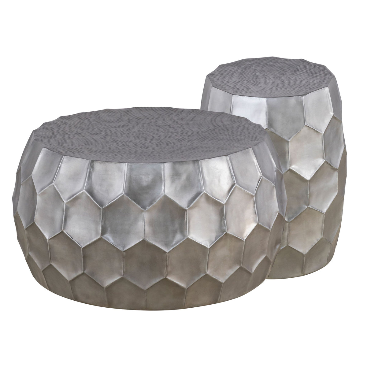 2-piece round ottoman table set, silver metal hex-pattern sides, gray top