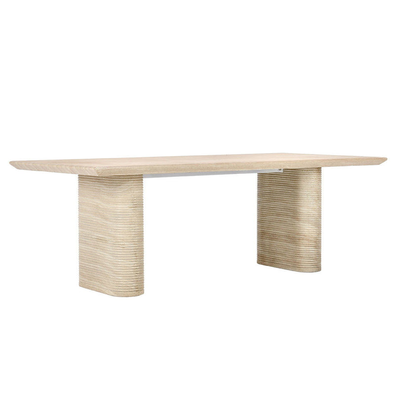 Seglass outdoor dining table, beige top with two tapered fluted legs