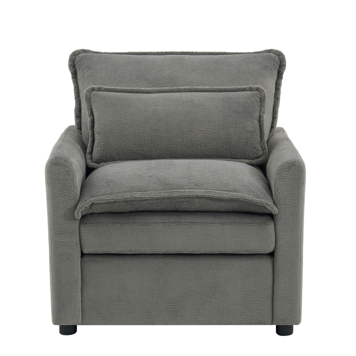 Dark gray accent armchair with padded backrest, box seat cushion, and squared arms