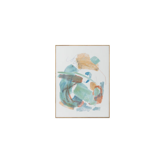 Multicolor abstract framed painting, gold frame with blue and tan brushstroke shapes