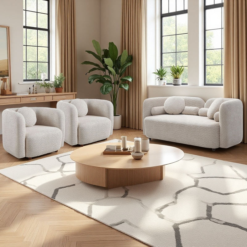 Cream-beige sofa set with curved arms, round back cushions, and two armchairs
