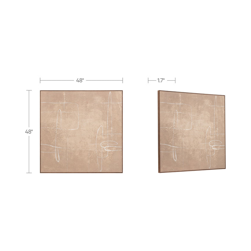 Light brown framed canvas art with white abstract lines, 48 in x 48 in x 1.7 in